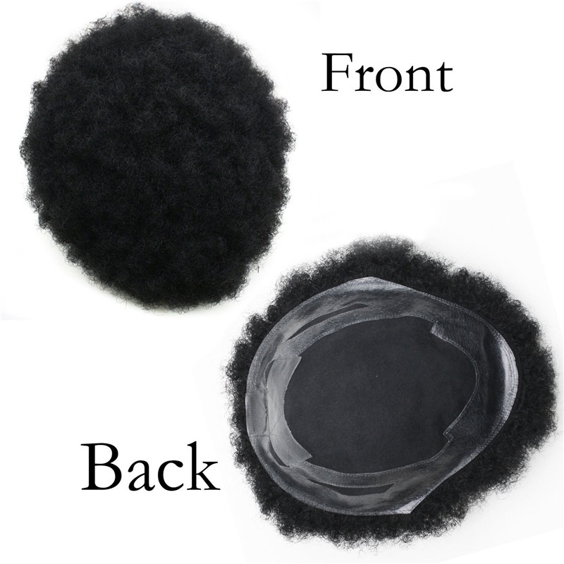 Human Hair Afro Curly Mens Toupee Hairpiece Wig Base with Hard PU Reforced Size 10x8 inch #1B Off Black