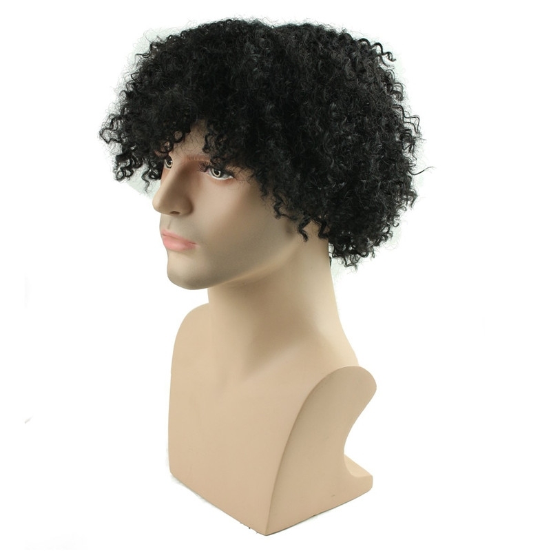 Afro Kinky Curly Short Wig Brazilian Remy Human Hair 130% Density Short Wig Toupee Hairpiece for Men (Black)