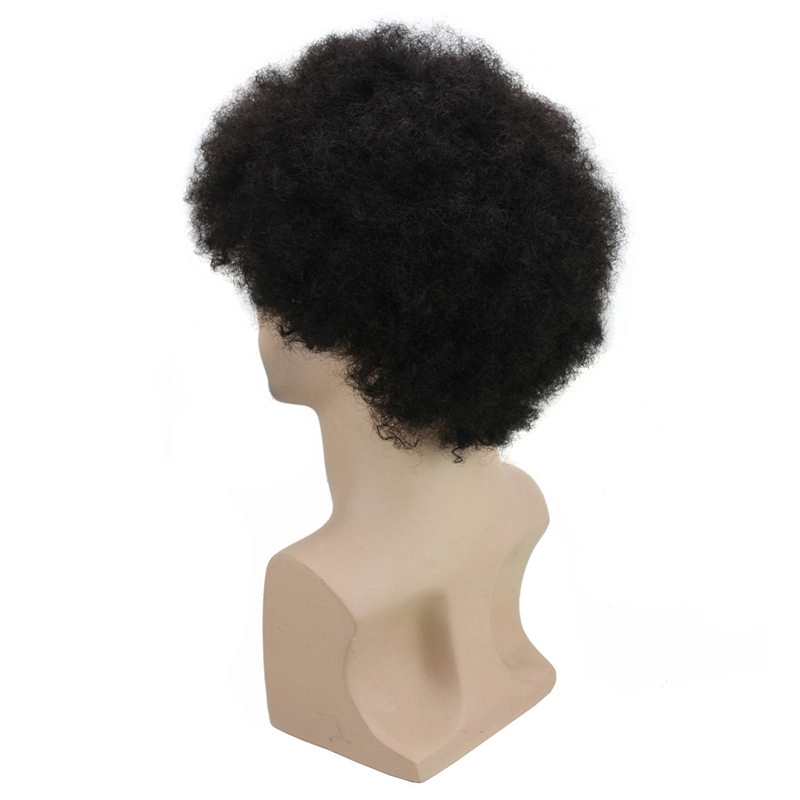 Human Hair Afro Curly Mens Toupee Hairpiece Wig Brazilian Remy Human Hair Short Kinky Curly None Lace Full Wig for Men (Nature Black)