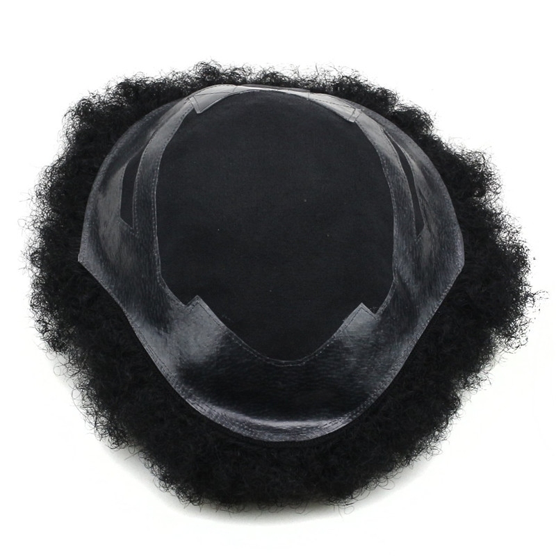 Human Hair Afro Curly Mens Toupee Hairpiece Wig Base with Hard PU Reforced Size 10x8 inch #1B Off Black