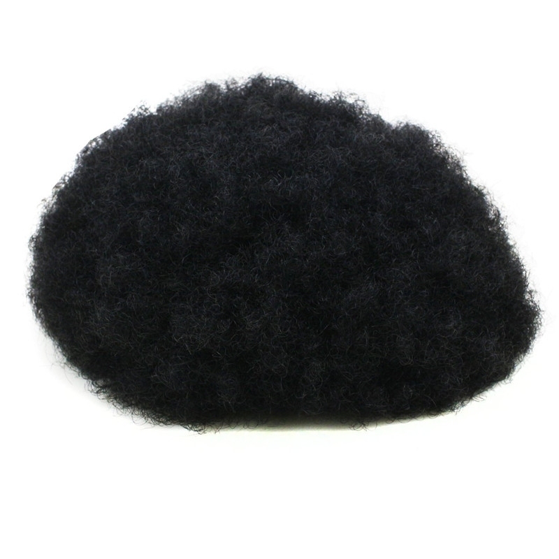 Human Hair Afro Curly Mens Toupee Hairpiece Wig Base with Hard PU Reforced Size 10x8 inch #1B Off Black