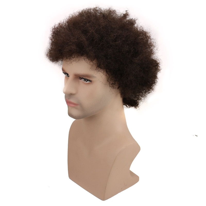 Human Hair Afro Curly Mens Toupee Hairpiece Wig Brazilian Remy Human Hair Short Kinky Curly None Lace Full Wig for Men (Nature Black)