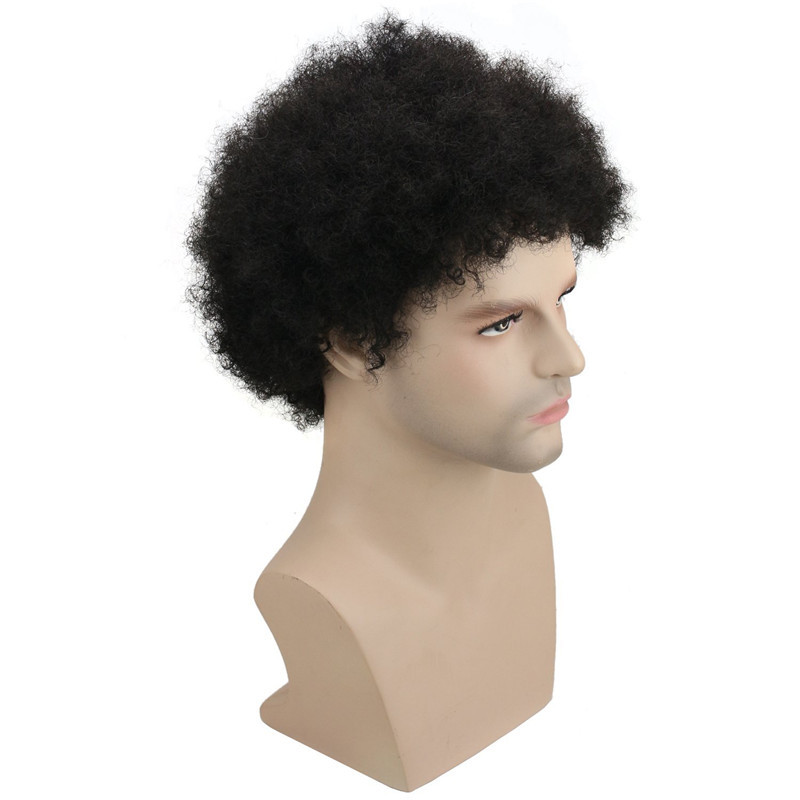 Human Hair Afro Curly Mens Toupee Hairpiece Wig Brazilian Remy Human Hair Short Kinky Curly None Lace Full Wig for Men (Nature Black)