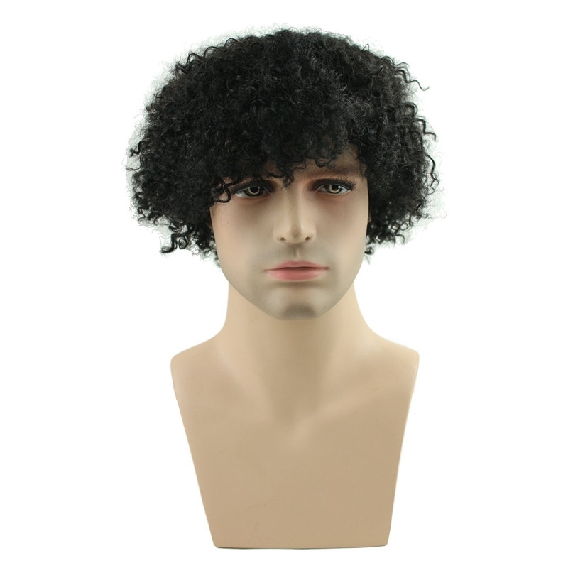 Afro Kinky Curly Short Wig Brazilian Remy Human Hair 130% Density Short Wig Toupee Hairpiece for Men (Black)