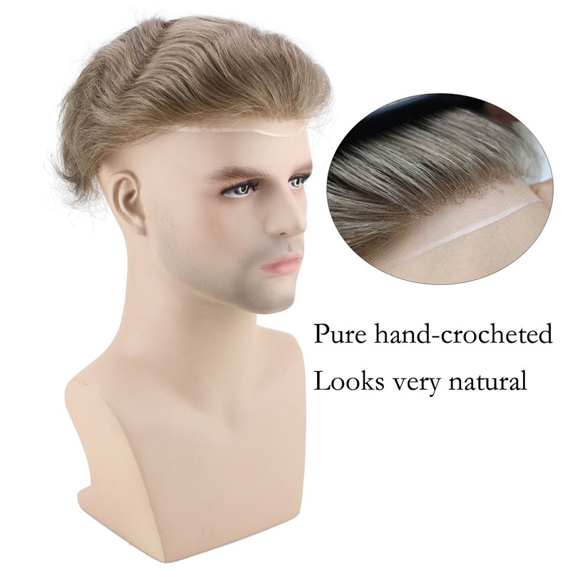 Men's Wig Human Hair Hairpiece Toupee Super Thin Skin Hair Replacement (#7 Light Ash Brown)