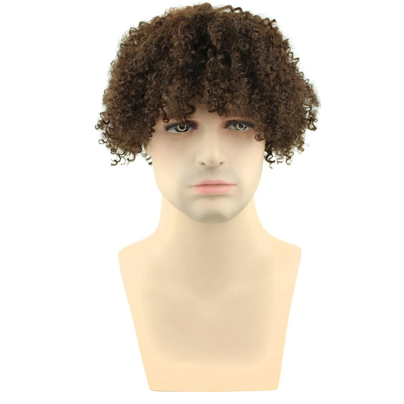 Afro Kinky Curly Short Wig Brazilian Remy Human Hair 130% Density Short Wig Toupee Hairpiece for Men (Black)