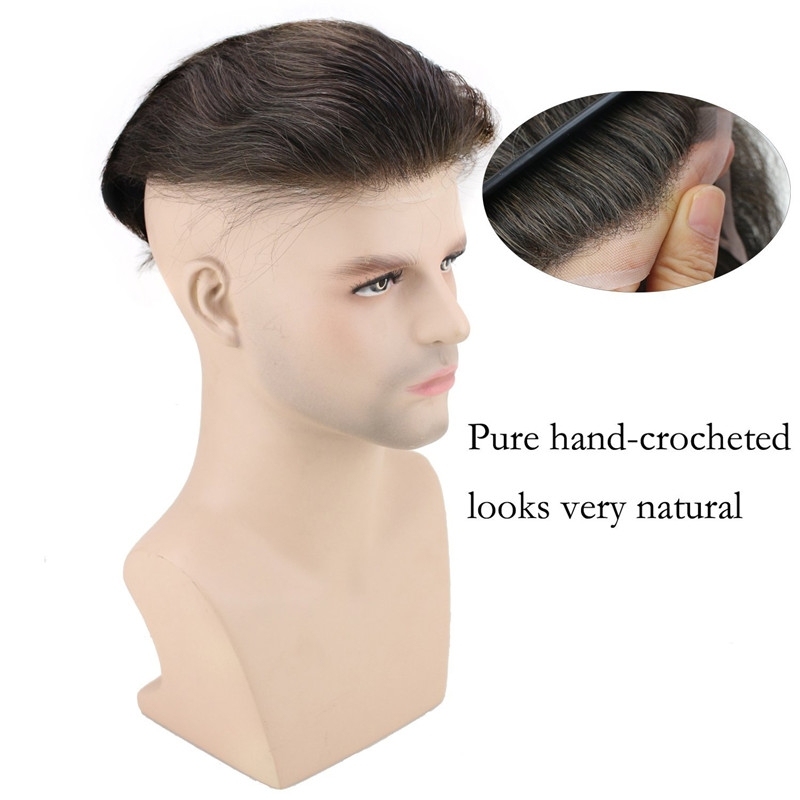 Men's Hairpiece Human Hair Toupee Wig Super Thin Skin Hair Replacement Base Size 8x10 #4 Dark Brown Lace Frontal With PU Toupee