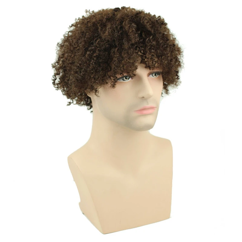 Afro Kinky Curly Short Wig Brazilian Remy Human Hair 130% Density Short Wig Toupee Hairpiece for Men (Black)