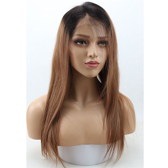 Full Lace Human Hair Wigs Silk Straight Brazilian Remy Human Hair Glueless Lace Front Ombre Wig with Baby Hair Beached Knots 1B T #30 Color