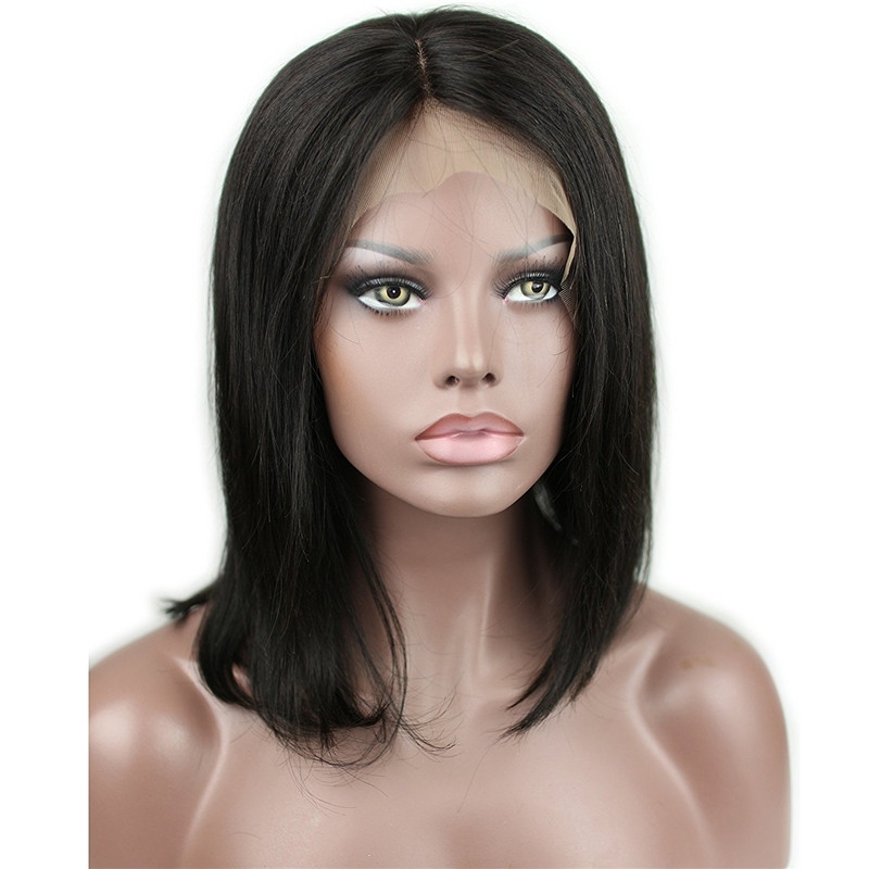 Lace Front Wigs Glueless Brazilian Remy Human Hair Short Straight Bob Wig for Black Women with Baby Hair Bleached Knots Natural Black Color 12inch