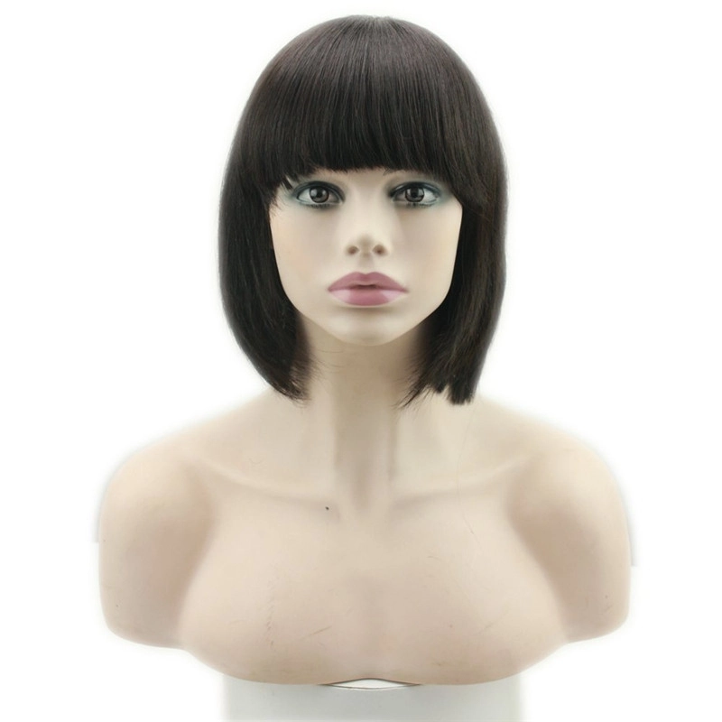 Human Hair Wigs With Bangs Short Bob Silk Straight Brazilian Human Hair Short Bob with Flat Bangs Machine Made Lace Wig for Women