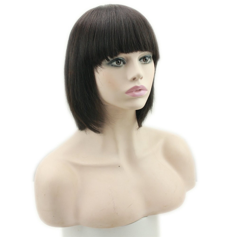 Human Hair Wigs With Bangs Short Bob Silk Straight Brazilian Human Hair Short Bob with Flat Bangs Machine Made Lace Wig for Women