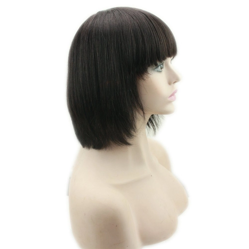 Human Hair Wigs With Bangs Short Bob Silk Straight Brazilian Human Hair Short Bob with Flat Bangs Machine Made Lace Wig for Women