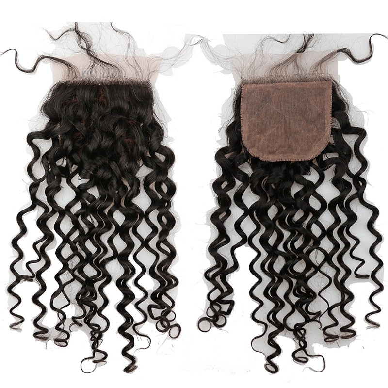 Cheap Malaysian Hair Silk Base Closure 4x4 Human Hair Free Part Curly Silk Top Closure Bleached Konts 10inch