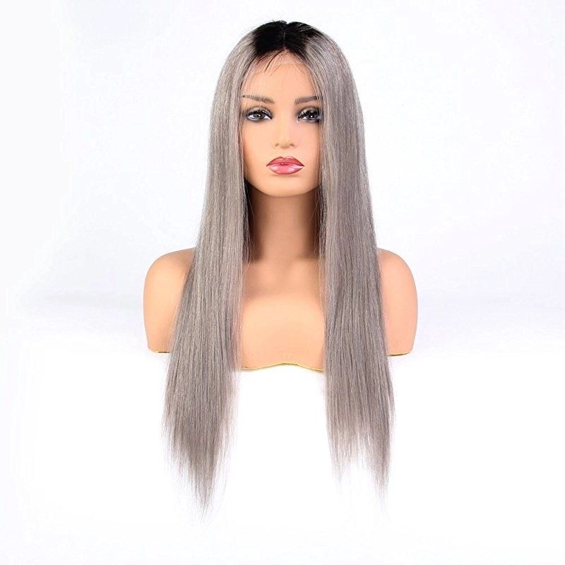Ombre 1BT/Grey Brazilian Straight Human Hair Full Lace Wigs Cap 130% Density