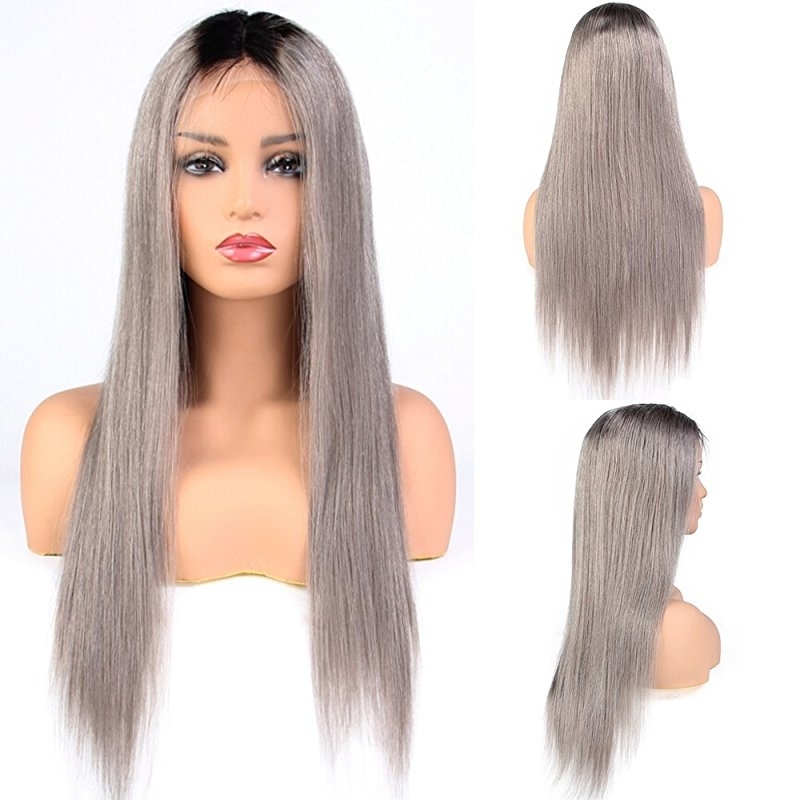 Ombre 1BT/Grey Brazilian Straight Human Hair Full Lace Wigs Cap 130% Density