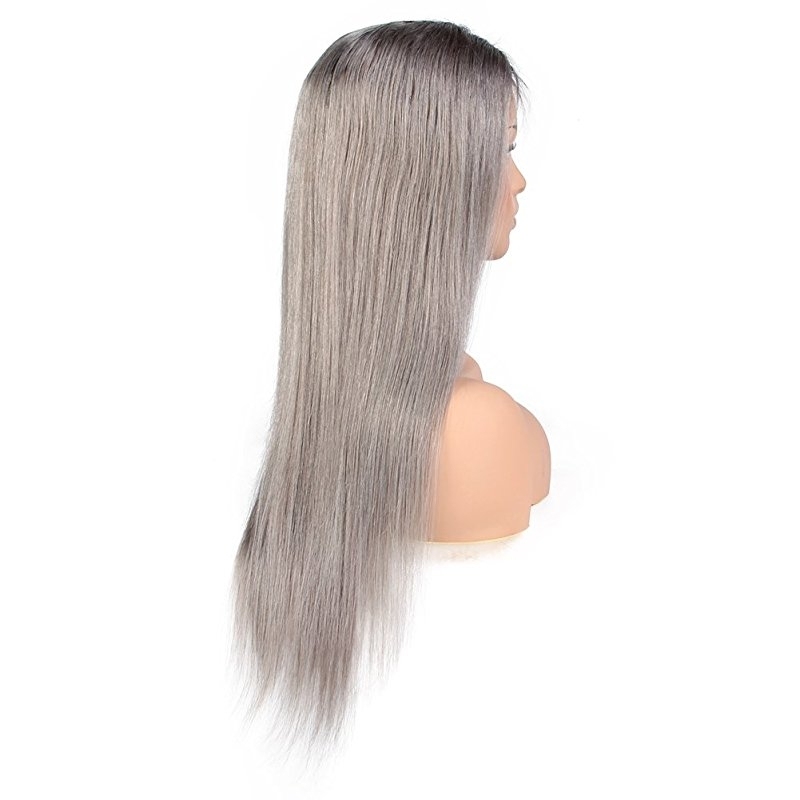 Ombre 1BT/Grey Brazilian Straight Human Hair Full Lace Wigs Cap 130% Density