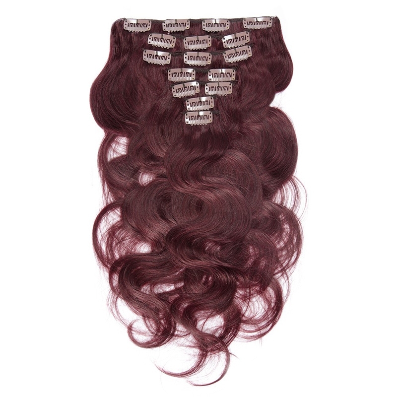 Clip In Hair Extensions Body Wave Remy Hair #99J Colored Hair Hxtensions