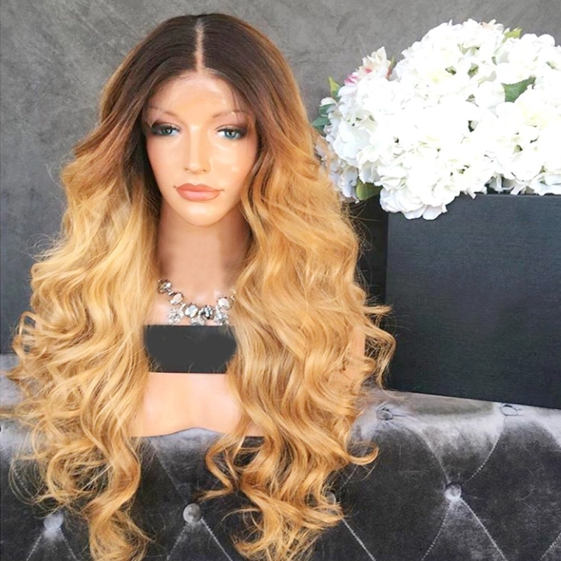 Brazilian human hair Ombre blonde #1B/27 Full lace wigs Dark root Loose wave Lace front wig Bleached knot Pre plucked hairline 150%density