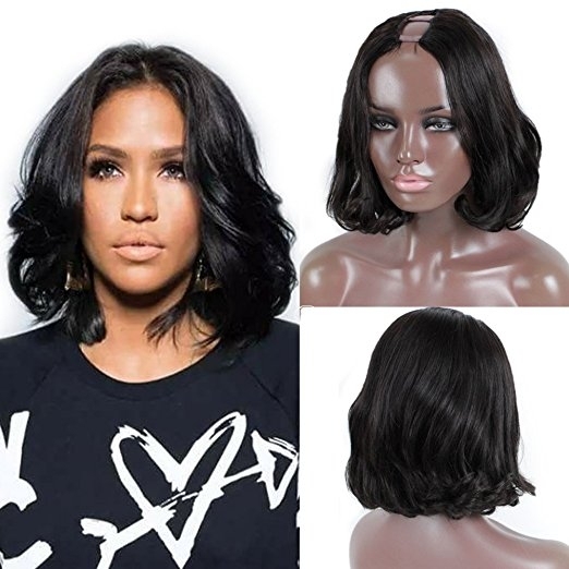 U Part Human Hair Wigs Brazilian Remy Hair Natural Wave Short Bob Wig for Black Women Natural Color