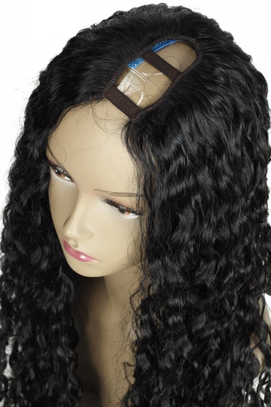 Unprocessed Curly U Part Malaysian Human Hair Wig U part Wigs for Black Women Left Side Parting 1''x4'' inches Natural Color