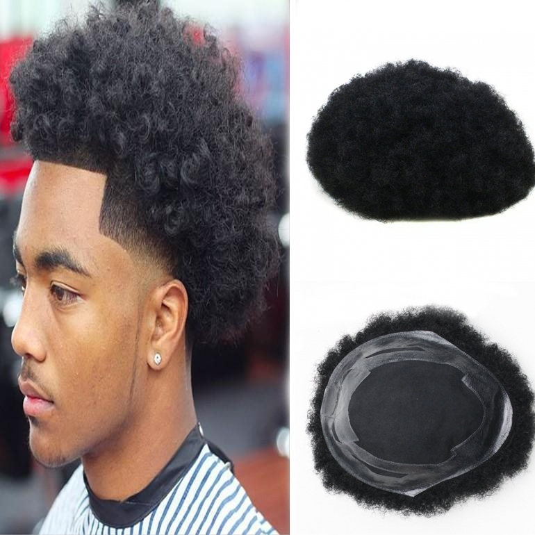 Human Hair Afro Curly Mens Toupee Hairpiece Wig Base with Hard PU Reforced Size 10x8 inch #1B Off Black