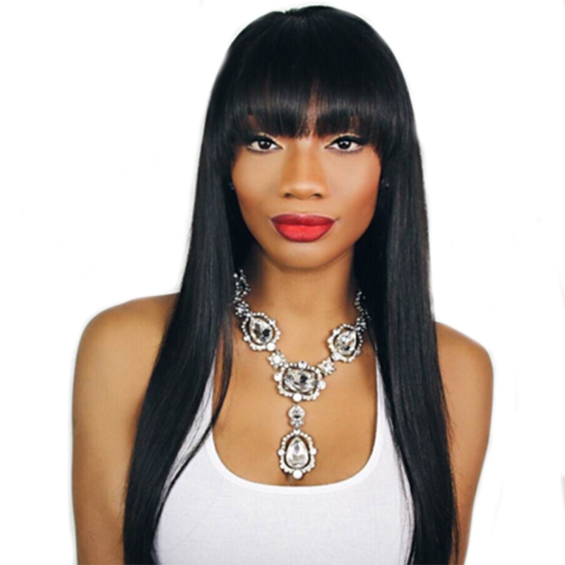 Lace Wig Pre Plucked Human Hair Wigs With Bangs Light Yaki Straight Human Hair Wigs for Black Women with Baby Hair Natural Color