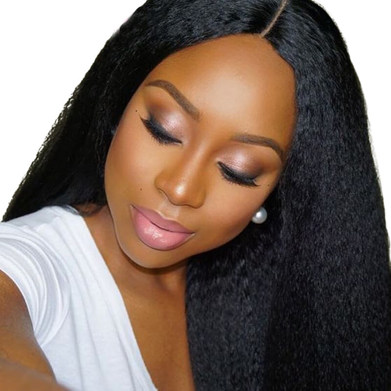 Brazilian Human Hair Lace Front Wigs Kinky Straight Human Hair Natural Black Bleached Knots Pre-Plucked With Natural Hairline