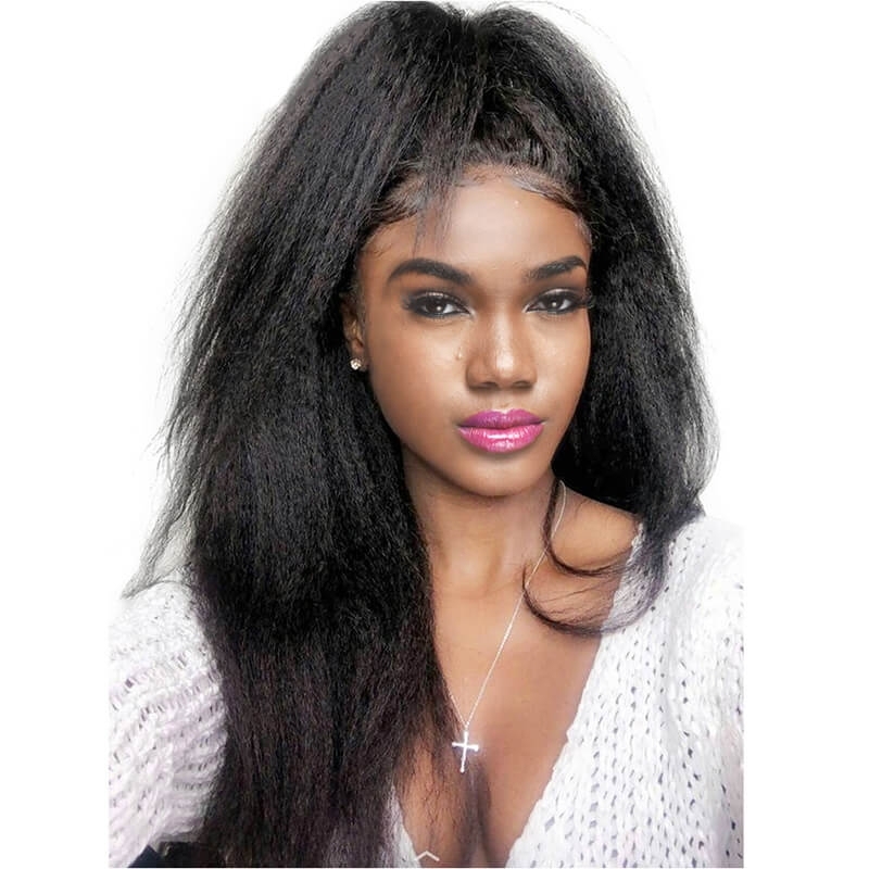 Natural Color Brazilian Human Hair Kinky Straight Lace Front Wigs Pre Plucked Natural Hair Line Bleached Knots