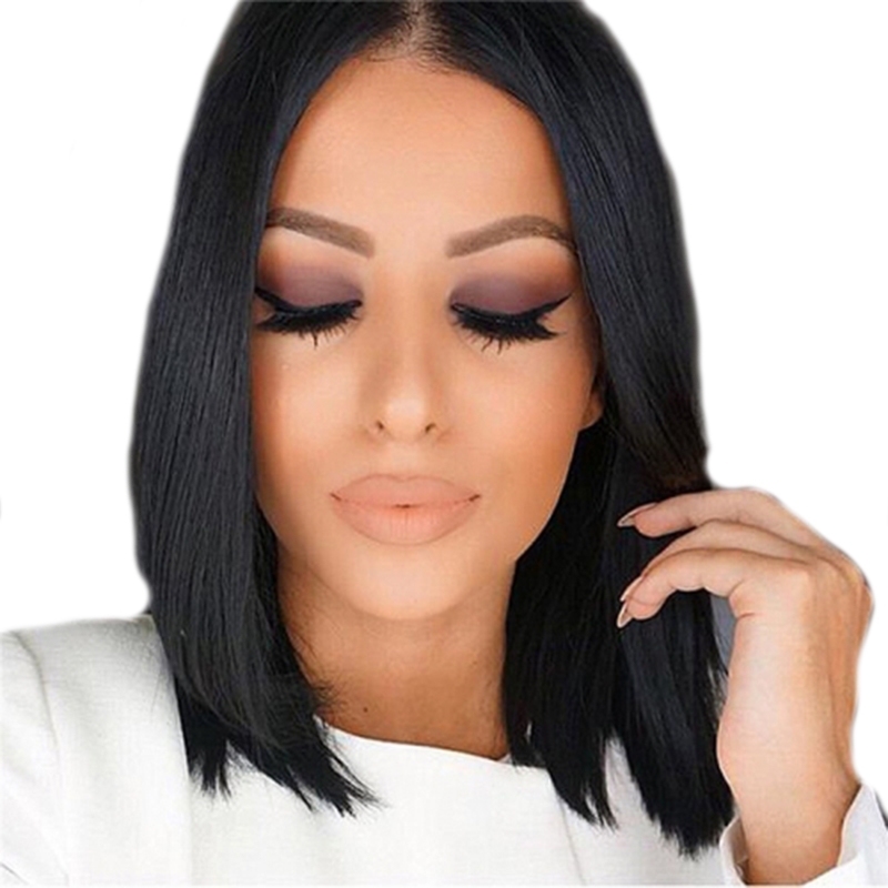 Lace Front Wigs Glueless Brazilian Remy Human Hair Short Straight Bob Wig for Black Women with Baby Hair Bleached Knots Natural Black Color 12inch