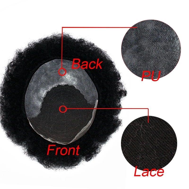 8x10 Human Hair Men's Toupee Afro Curl Lace Front With PU Back Color 1B