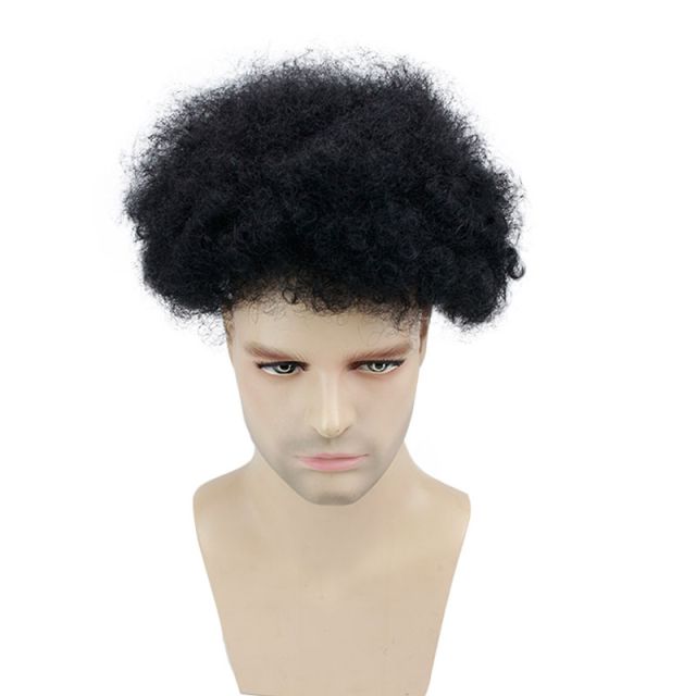 8x10 Human Hair Men's Toupee Afro Curl Lace Front With PU Back Color 1B