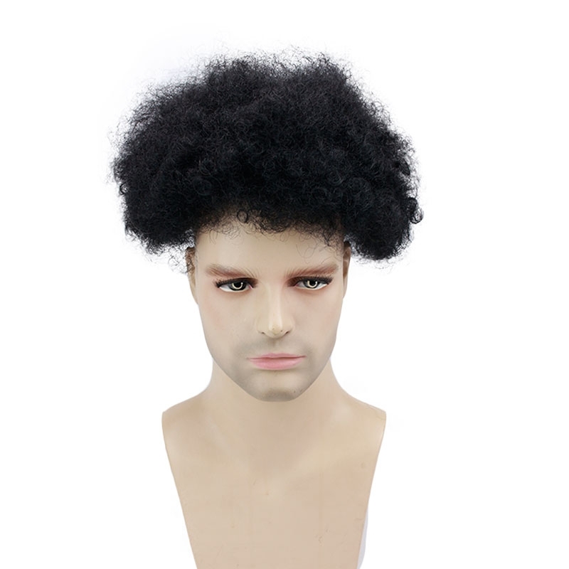 8x10 Human Hair Men's Toupee Afro Curl Lace Front With PU Back Color 1B