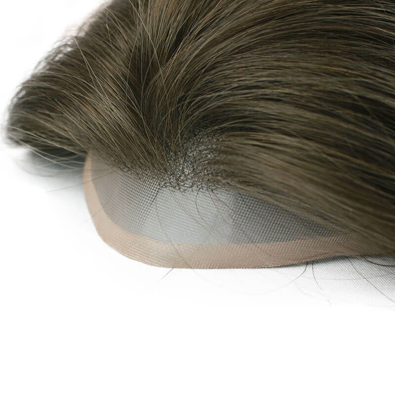 Color #6 French Lace Men Toupee For Men Bleached and tiny Knots Hair Replacement