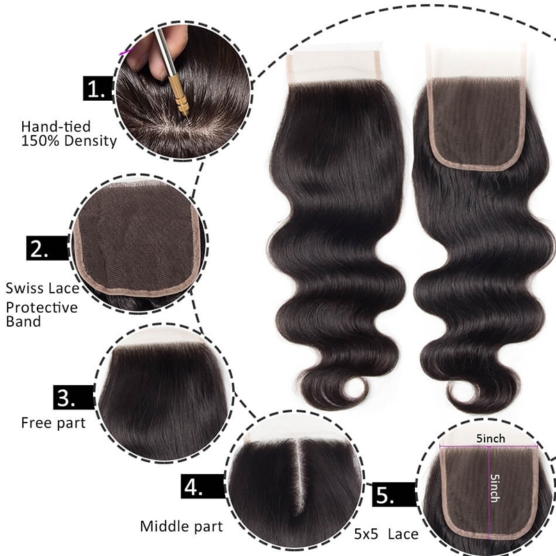 Transparent HD Swiss Thinner lace Free Part Body Wave 5x5 Lace Top Closures Natural Color Pre Plucked Hair Line