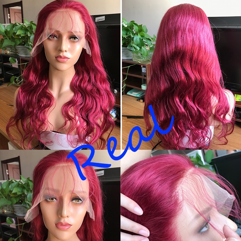 Red Color Malaysian Remy Hair Body Wave Lace Front Wig Bleached Knots 13X6 Cap Construction Human Hair Wigs 130% Density BURG Hair Color