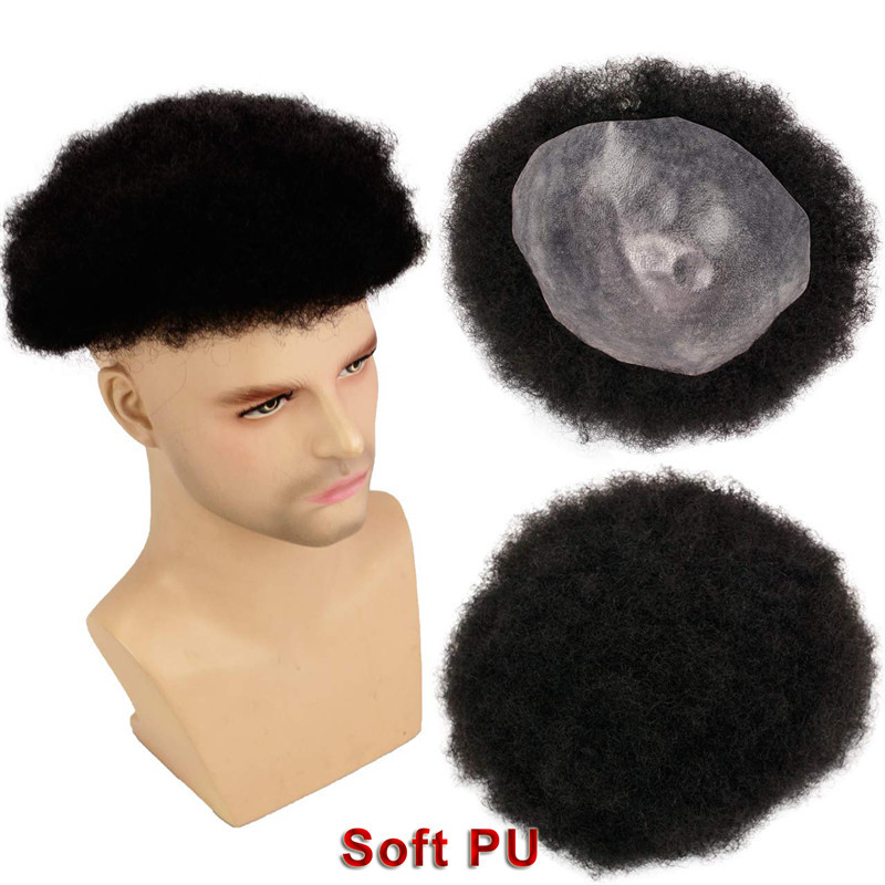 Human Hair Afro Curly Mens Toupee Hairpiece Wig Base with Hard PU Reforced Size 10x8 inch #1B Off Black