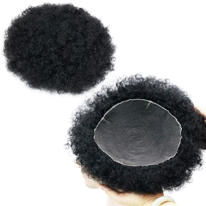 Human Hair Afro Curly Mens Toupee Hairpiece Wig Base with Hard PU Reforced Size 10x8 inch #1B Off Black