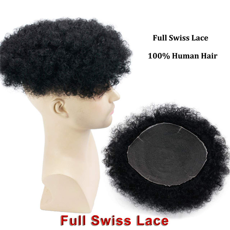 Human Hair Afro Curly Mens Toupee Hairpiece Wig Base with Hard PU Reforced Size 10x8 inch #1B Off Black