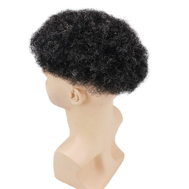 Human Hair Afro Curly Mens Toupee Hairpiece Wig Base with Hard PU Reforced Size 10x8 inch #1B Off Black