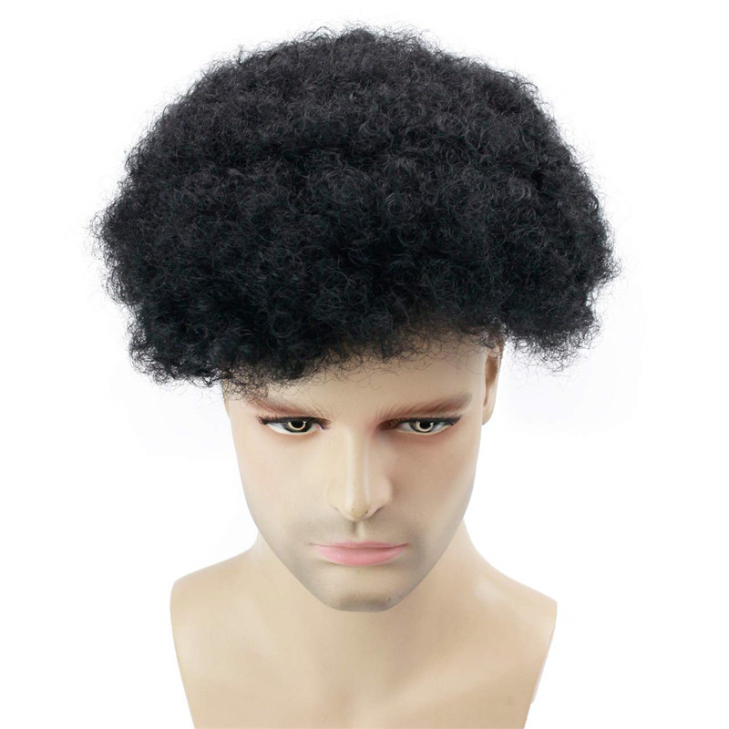 Human Hair Afro Curly Mens Toupee Hairpiece Wig Base with Hard PU Reforced Size 10x8 inch #1B Off Black