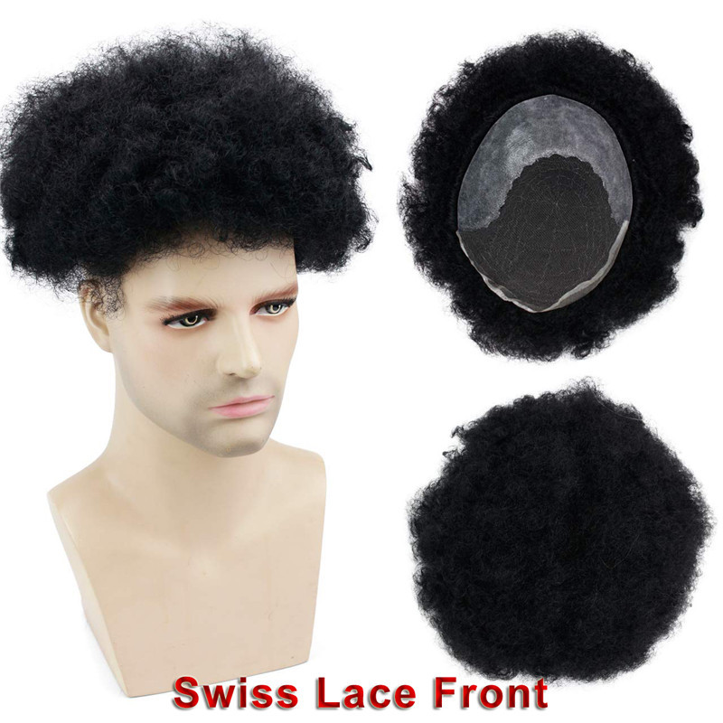 Human Hair Afro Curly Mens Toupee Hairpiece Wig Base with Hard PU Reforced Size 10x8 inch #1B Off Black