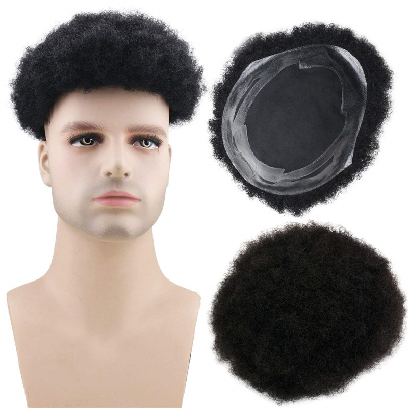 Human Hair Afro Curly Mens Toupee Hairpiece Wig Base with Hard PU Reforced Size 10x8 inch #1B Off Black