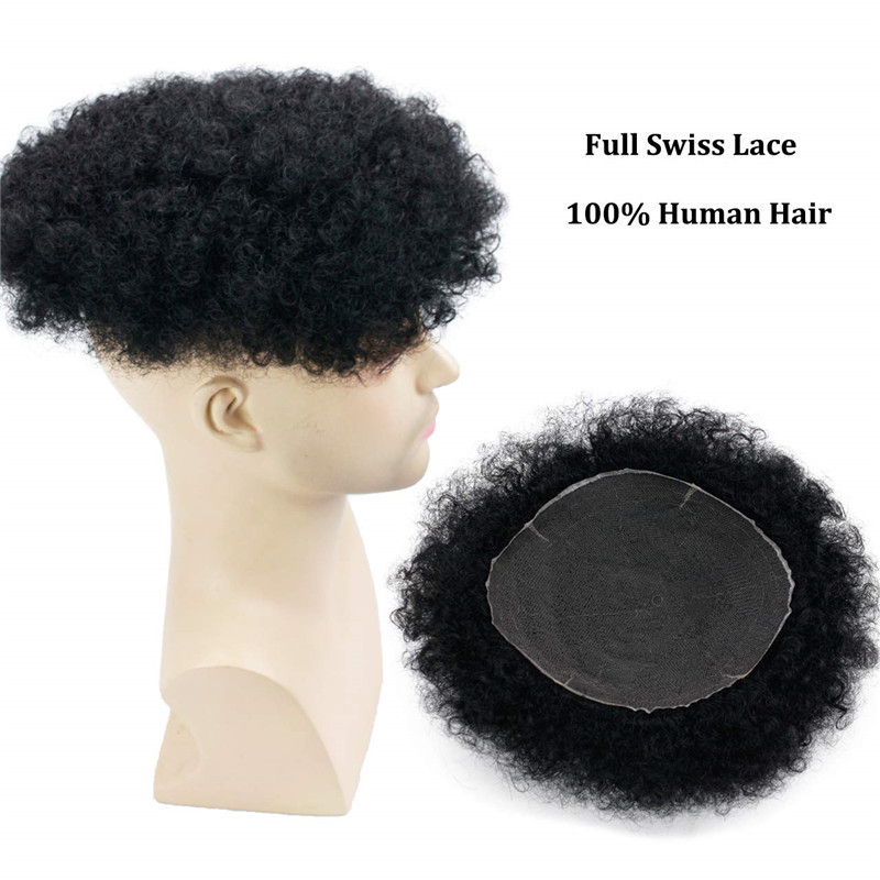 Human Hair Afro Curly Mens Toupee Hairpiece Wig Base with Hard PU Reforced Size 10x8 inch #1B Off Black