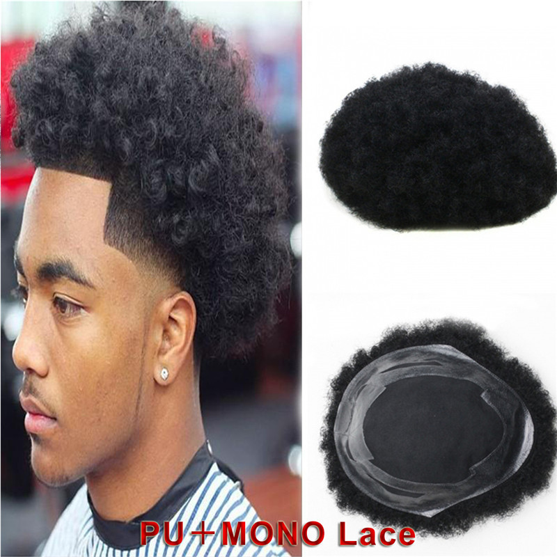 Human Hair Afro Curly Mens Toupee Hairpiece Wig Mono Base with Hard PU Reforced Color #1B Black 8x10 Men's Toupee Kinky Curly