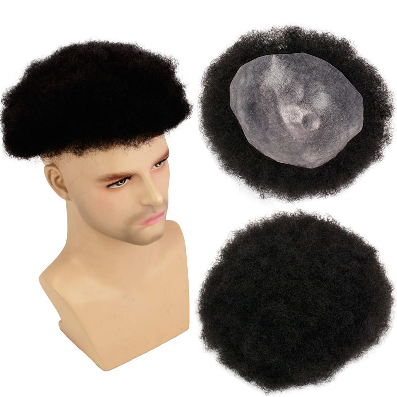 Human Hair Afro Curly Mens Toupee Hairpiece Wig Mono Base with Hard PU Reforced Color #1B Black 8x10 Men's Toupee Kinky Curly