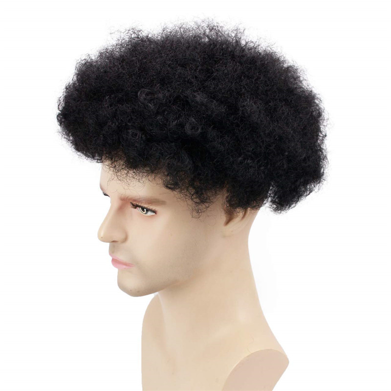 Human Hair Afro Curly Mens Toupee Hairpiece Wig Mono Base with Hard PU Reforced Color #1B Black 8x10 Men's Toupee Kinky Curly