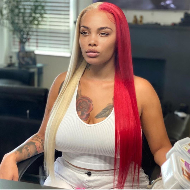 Virgin Human Hair Half Red Half Blonde Lace Front Wig