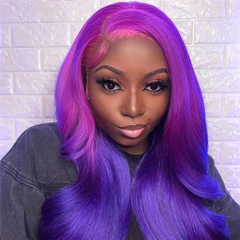 150% Density Purple Red Glueless Colored Human Hair Wigs For Women Brazilian Body Wave Ombre Lace Front Wig Bleached Knots