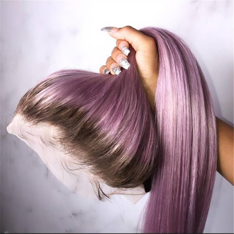 Human Hair Lilac Purple With Dark Root Straight Lace Front Wigs